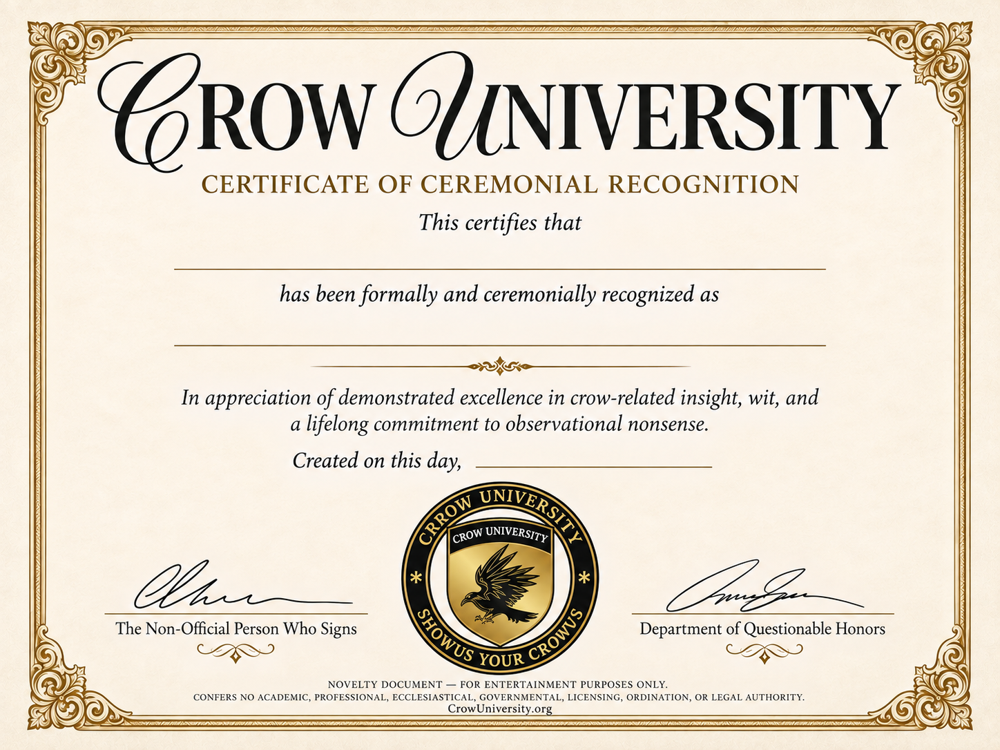 Blank Crow University ceremonial certificate preview